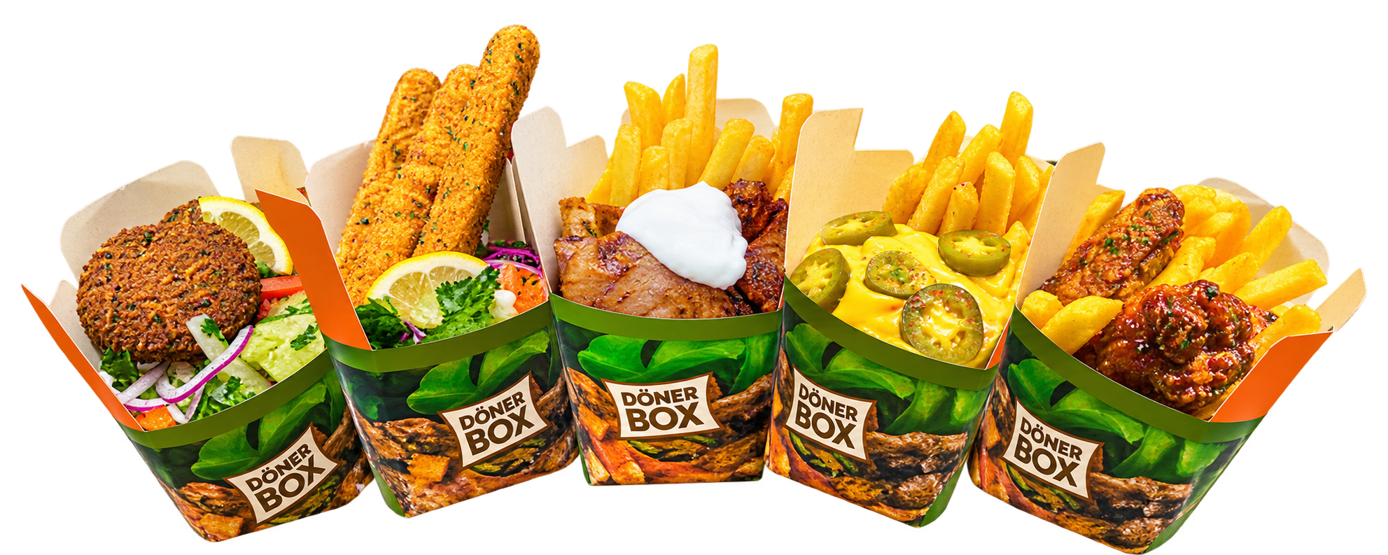 Unsere Dönerboxen mit Falafel, Mozzarella Sticks, Fleisch, Pommes und Chicken Wings